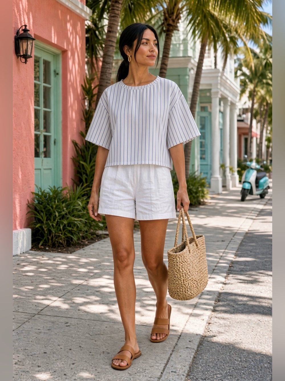 Saks Fifth Avenue Stellea Dux Blue and White Striped Short-Sleeve Boxy Top
